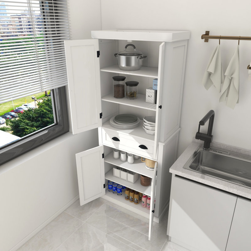 Armoire de rangement pour garde-manger de 71 po, avec 4 portes, tiroir, 2 tablettes réglables, armoire autoportante pour le salon de la salle à manger, buanderie - blanc