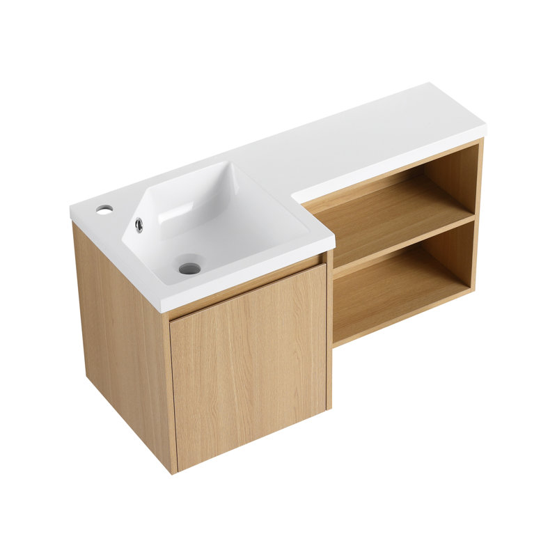 Meuble-lavabo de coin flottant en forme de L 36 po avec lavabo en résine intégré, chêne clair et unité murale blanche moderne
