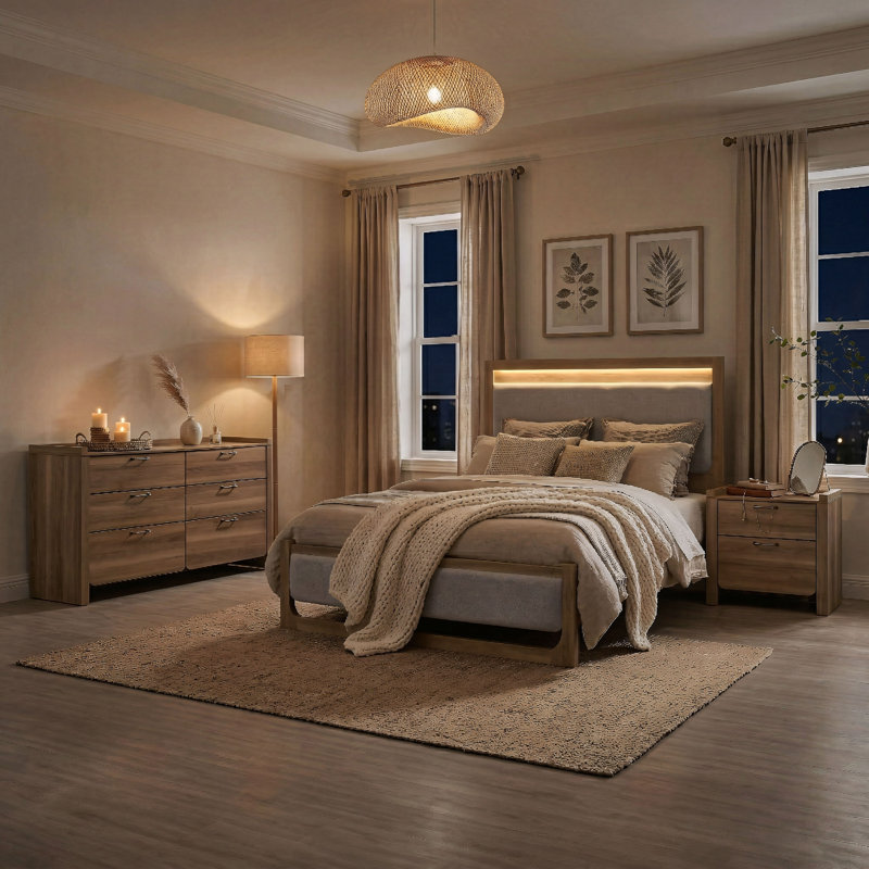 Ensemble de chambre à coucher 4 pièces avec tête chaude DEL Lunora, 4 Pcs: Bed, Dresser, 2 Nightstands, Queen