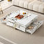 Table basse moderne carrée texturée en marbre avec 4 tiroirs et base suspendue, blanc, 43,3 po