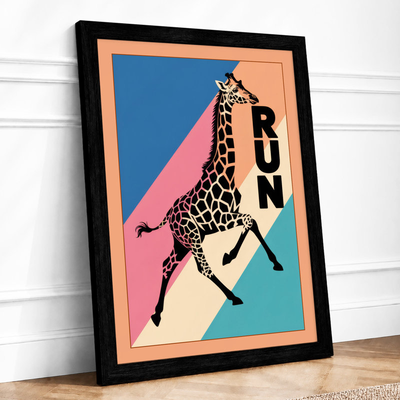 Giraffe Run Retro - Framed Print, A4 - 29.7 x 21.0 cm, Black