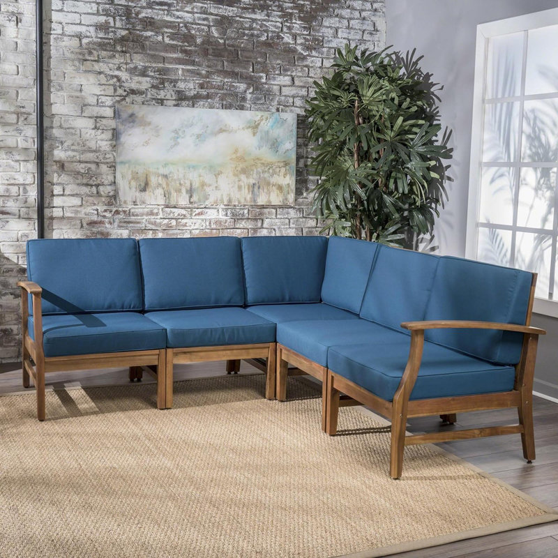 Ensemble de 5 sections d'extérieur en bois massif, Bleu, Bois brun
