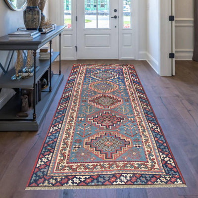 One-of-a-Kind Tribal Hand-Knotted  3'11" x 10'1" Runner Wool Area Rug in Blue/Brown