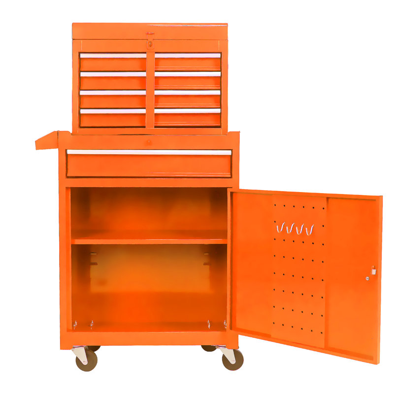 22,61 po Armoire à outils profonde avec plateau amovible - 5 roulettes verrouillables en métal orange et tablette réglable