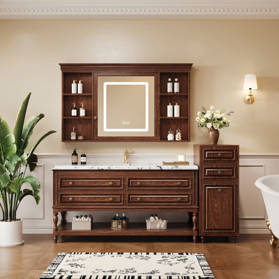 Meuble-lavabo de salle de bain en chêne rouge massif avec comptoir en pierre de luxe, lavabo en céramique intégré et armoire à pharmacie intelligente