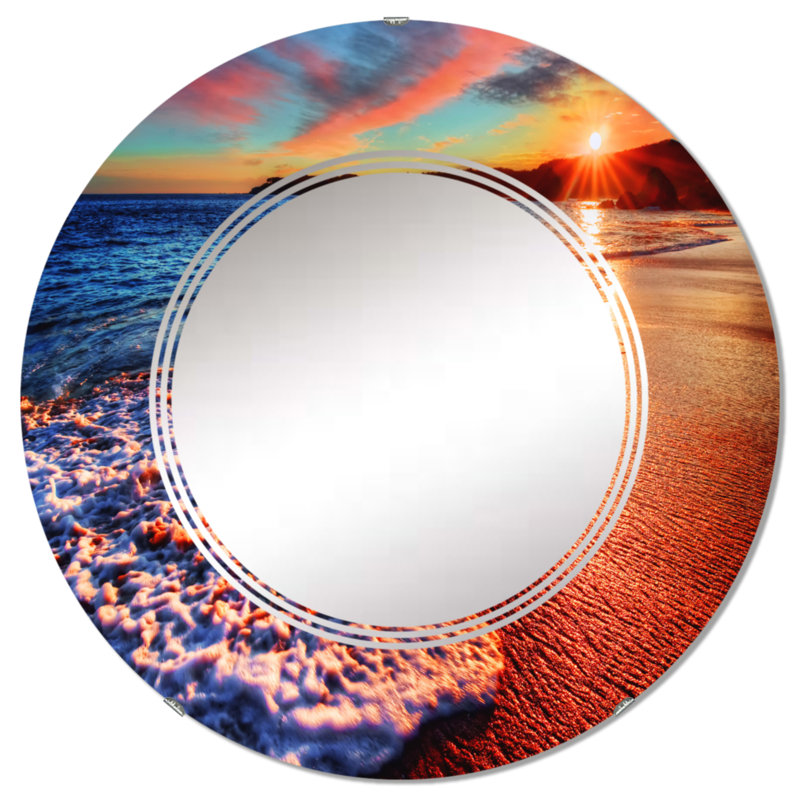 Placid Shore And Whimsical Clouds I - Miroir mural nautique et côtier rond, 32 po x 32 po