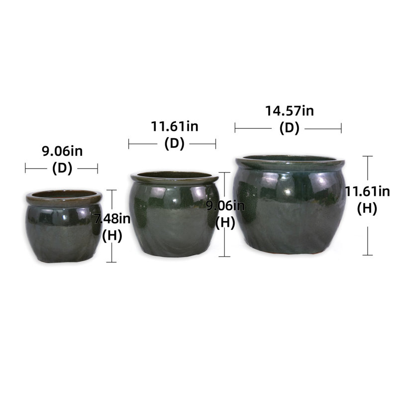 3 Pieces Ceramic Flowerpot, Modern Planter For Patio, Garden Or Windowsills - Antique Blue Green