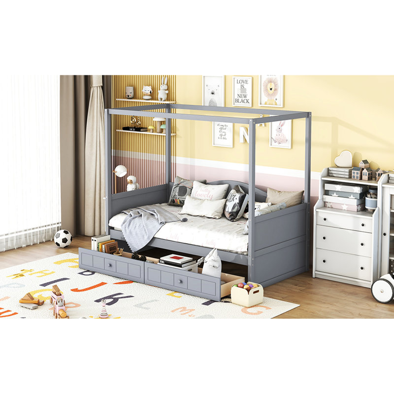 Lit à baldaquin simple gris, tiroirs spacieux, style moderne, en bois massif et lit encastré avec espace pour 2 personnes