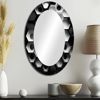 Abstrait géométrique noir et blanc II - Miroir décoratif abstrait ovale sur métal