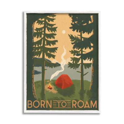 Born to Roam Phrase Rustic Forest Camping Tent White Framed Giclee Texturized Art by Janelle Penner