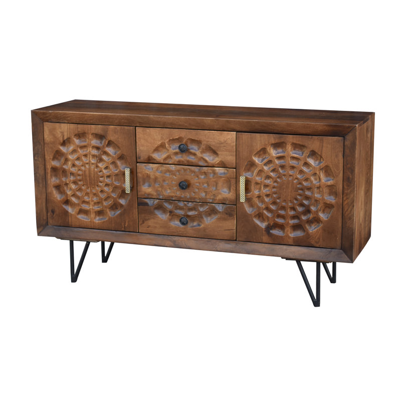 Buffet 55,1 po de largeur à 3 tiroirs en bois de manguier