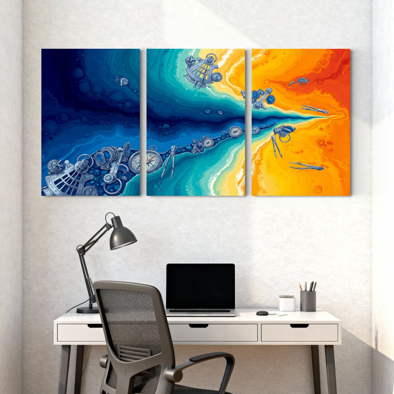 Nautique et plage Steampunk océan vagues ensemble d'art mécanique de 3 impressions sur toile, H 24 po x l 48 po