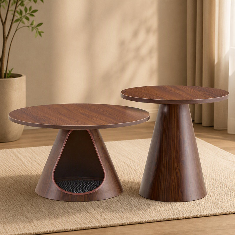 Ensemble de 2 tables basses gigognes, tables d'appoint rondes avec lit-grotte intégré pour chat, table de bout moderne avec plateau en grain de bois de mélamine et base en acier au carbone pour le salon, petit espace