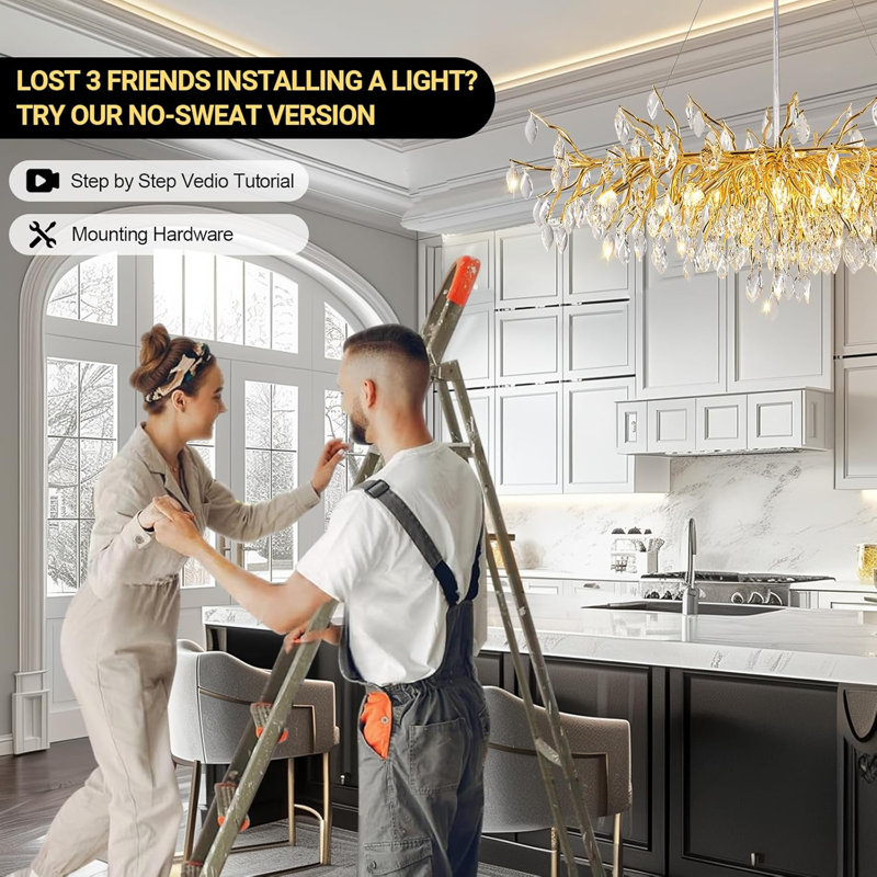 Lustre suspendu moderne en cristal doré, cadre suspendu en métal 47,2 pouces, H 17,71 po x l 47,24 po x P 23,62 po, Doré