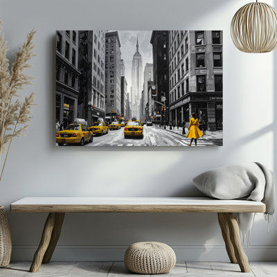 Canvas Wall Art Yellow In The City New York Street Scene With Taxis And Coat Ready To Hang Gallery Wrapped Home Decor Modern Design
