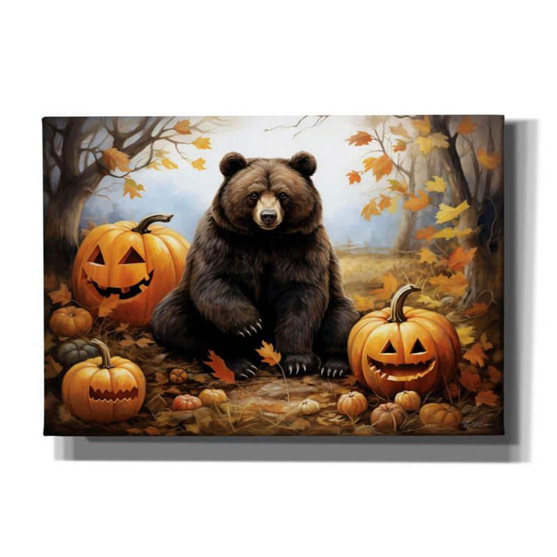 «Halloween Bear and Pumpkins» par Momart, art mural sur toile, H 18 po x l 26 po x P 0,75 po