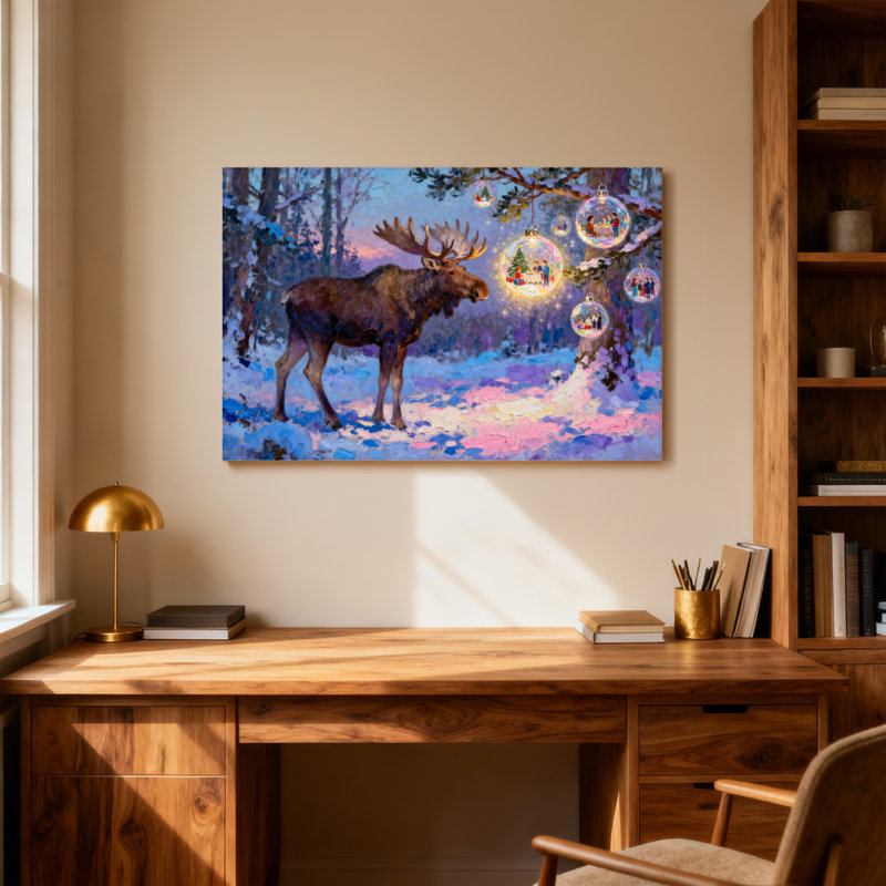 Orignal de Noël dans la forêt enneigée avec des décorations de Noël, H 28 po x l 40 po