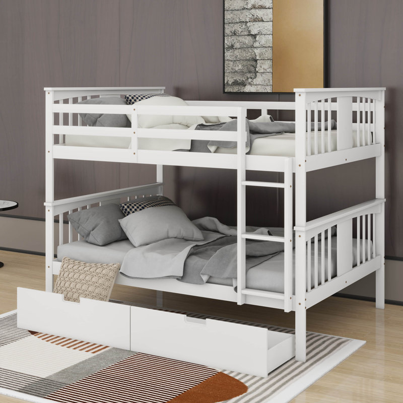 Lit double superposé au dessus d'un lit double avec tiroirs, Blanc