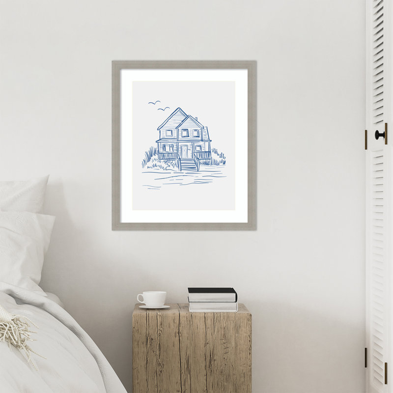 «Nantucket Beach house» par Holte, reproduction d'art encadrée, H 26 po x l 22 po, Grain de bois rayé gris
