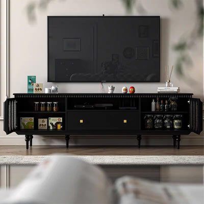 Retro Solid Black Oak TV Stand with Glass Doors Spacious Media Console for Living Room