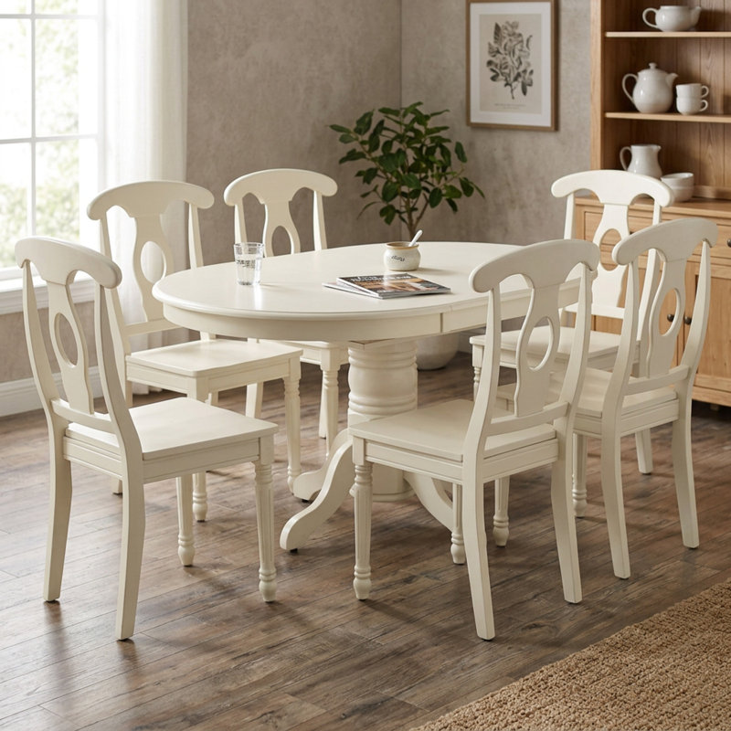 Linen White Wood Oval 7 Piece 6 Chairs Dining Table Set