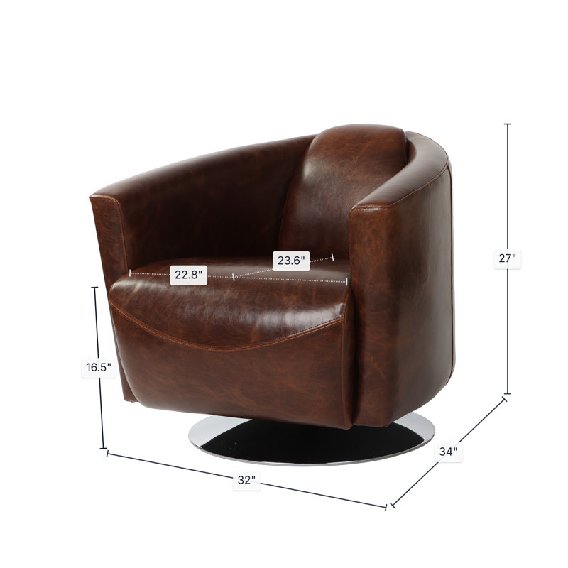 Fauteuil demi-tonneau pivotant en cuir 32 po Ashcroft, Similicuir brun