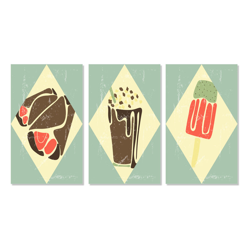 «Vintage Grunge Food Designs in Retro Colors I», ensemble de 3 pièces d'art moderne Mid-Century, H 32 po x l 48 po