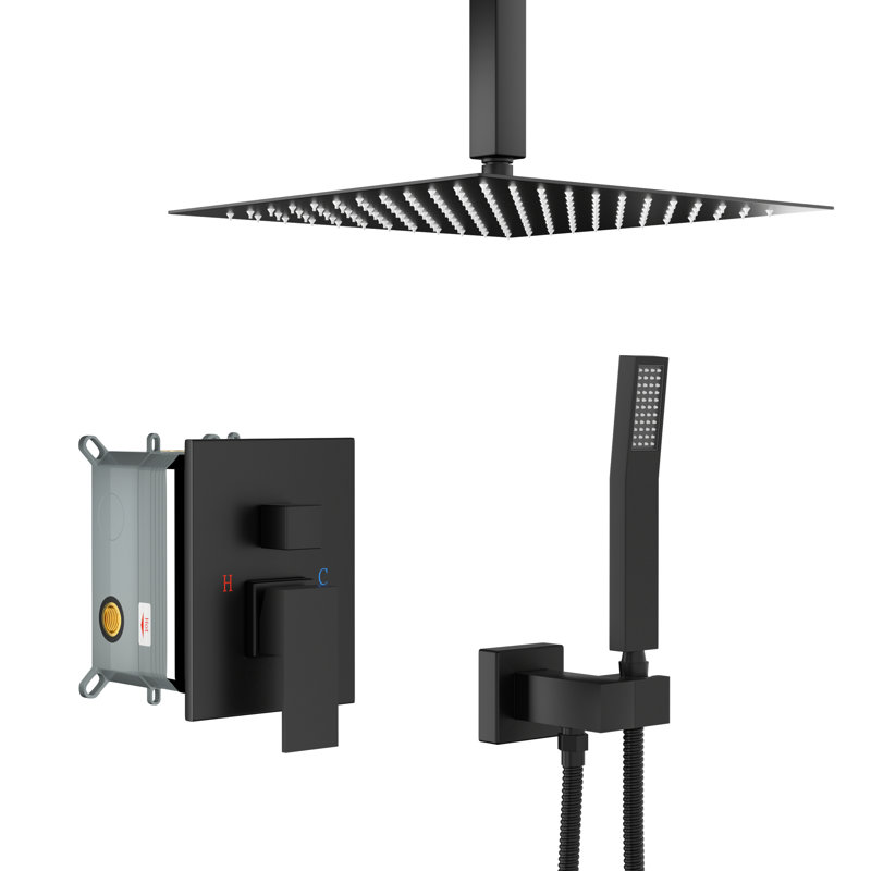 10 Inch Square, Dual Shower Head, Matte Black, Ceiling Mount, System, - Balanced Valve, Easy Installation, Handheld Function, Mounted,
