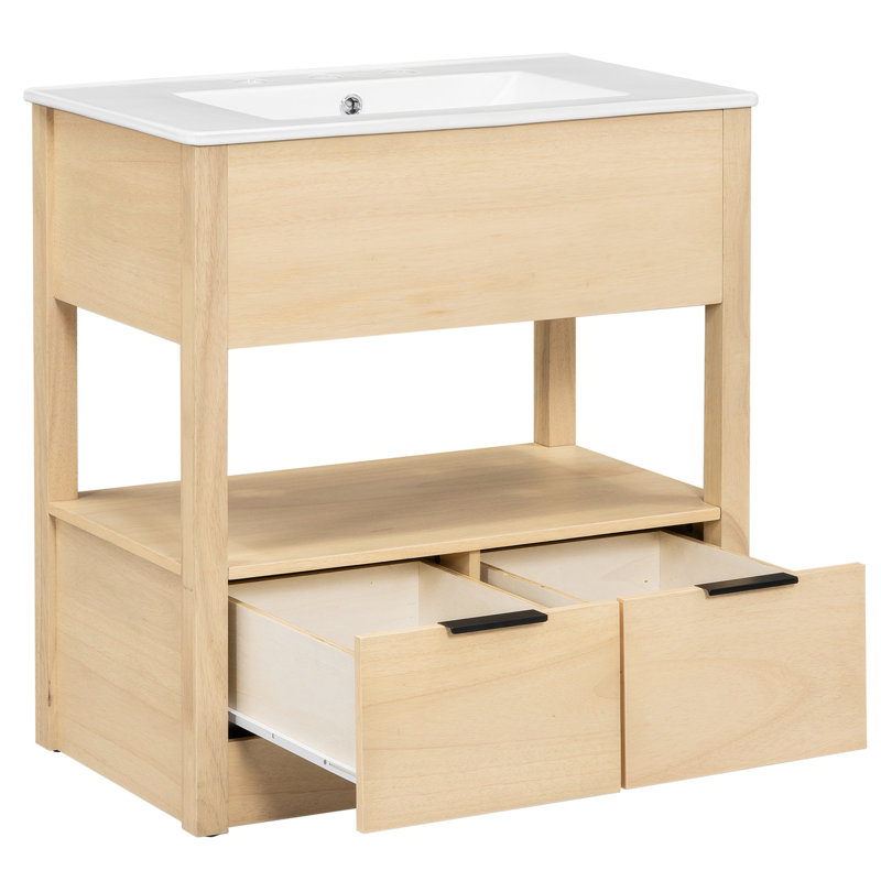 Natural Wood 30" Bathroom Vanity Cabinet with Ceramic Sink