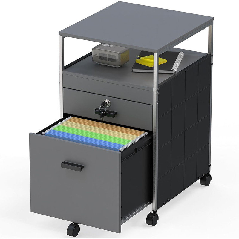 Rolling Mobile File Cabinet with 2 Drawers & Open Shelf, Mobility, 1 File Cabinet Drawer & 1 Lockable Drawer, Gray