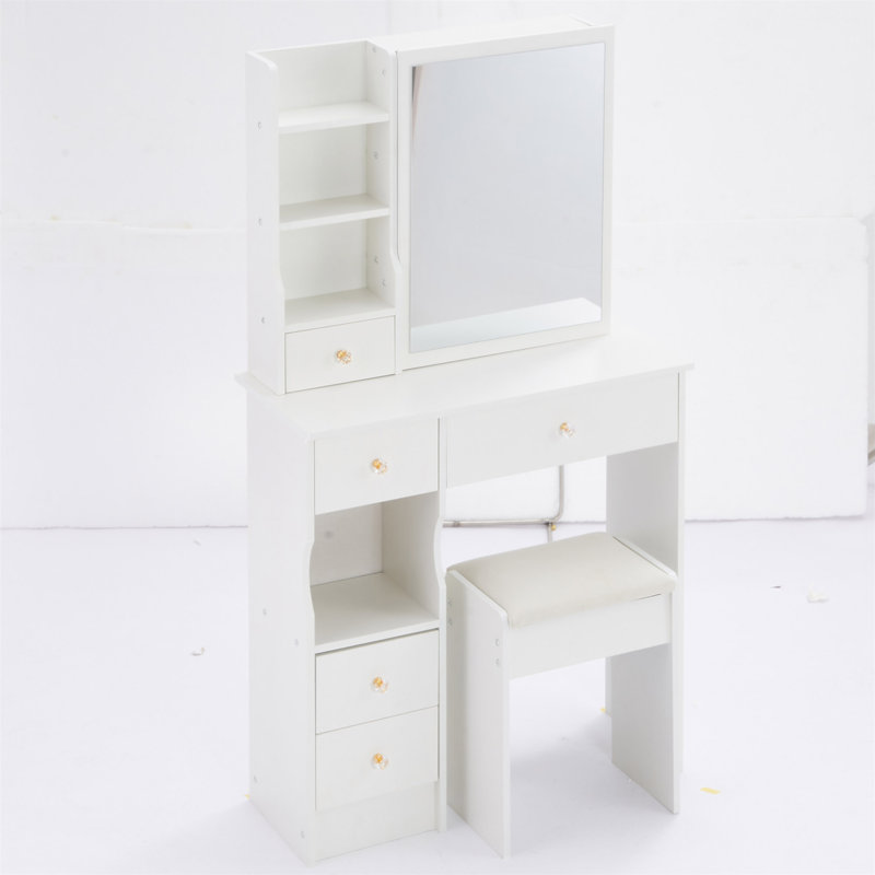 29.2" Small Space Left Drawer Desktop Vanity Table + Cushioned Stool, Extra Large Right Sliding Mirror, Multi Layer High Capacity Storage, Practical Fashionable Dresser, Suitable For Small Space
