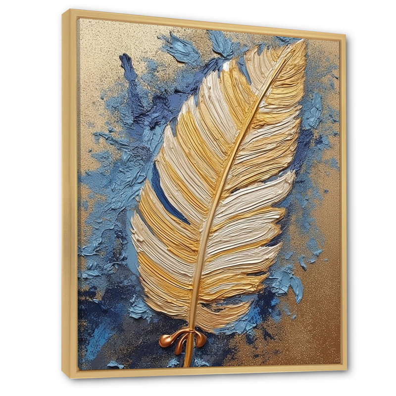 «Boho Glam Exquis Gold On Blue Feather», reproduction d'art sur toile, Cadre naturel flottant, H 20 po x l 12 po x P 1 po