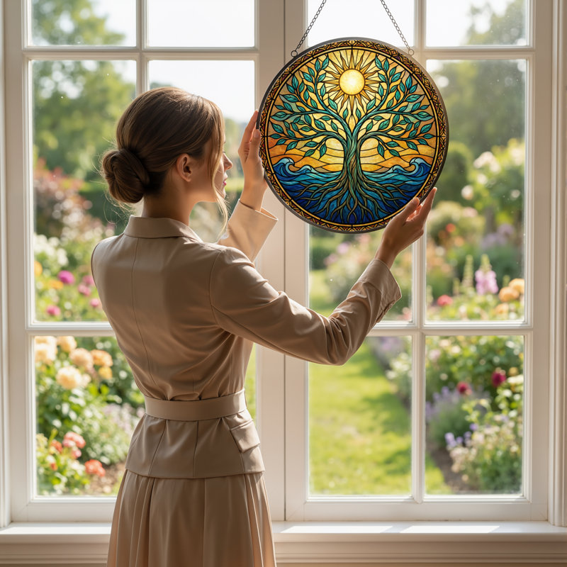 Panneau de vitrail 12 "H Sun Tree, H 12 po x l 12 po