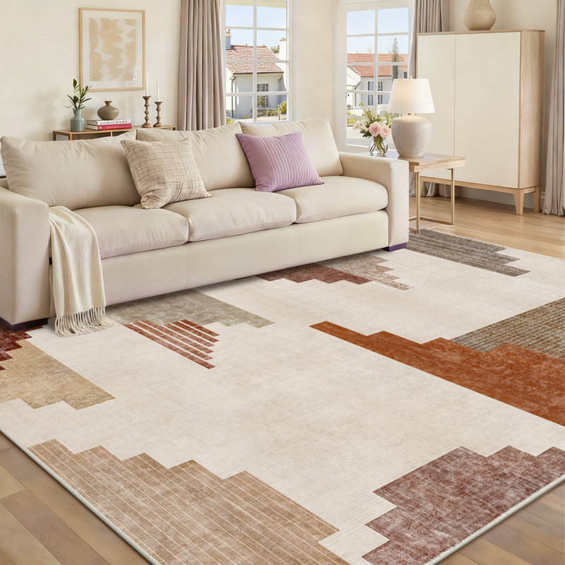 Washable Area Rug Orange & Brown Modern Soft Accent Rug Low Pile Distressed Floor Carpet for Living Room Bedroom Kitchen Dining