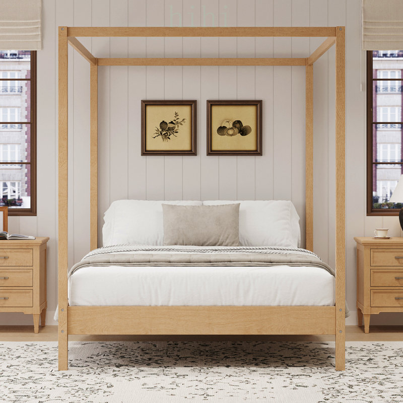 Cadre de lit à baldaquin en bois massif pour lit queen size, avec sommier à lattes, style à colonnes, sans sommier tapissier, durable et élégant.