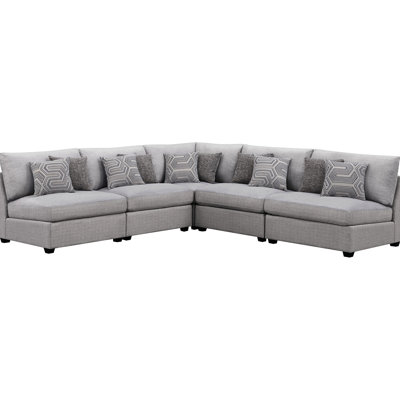Modern Grey With Modular Design, Pillow Back, And Feather-filled Cushions Upholstered 5 Feather-down Wrapped Wood Block Feet