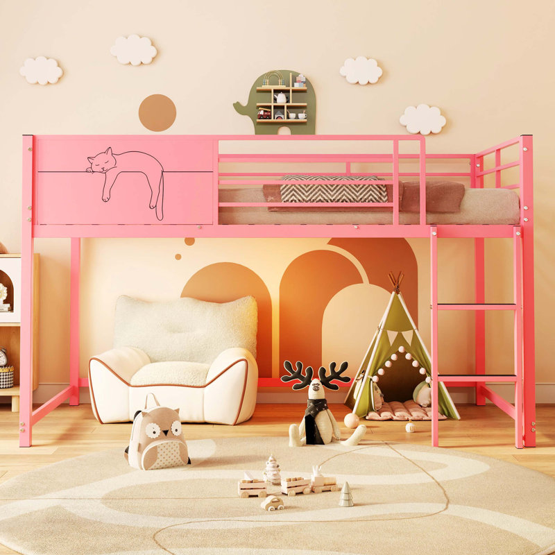 Lit simple en métal avec garde-corps de sécurité et support latéral, cadre de lit pour enfants, aucun sommier requis, assemblage facile, rose