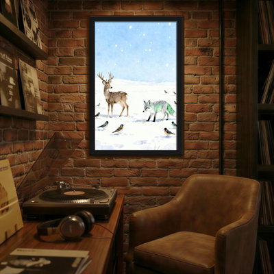 Animals Winter Deer Fox Birds Snow Scene