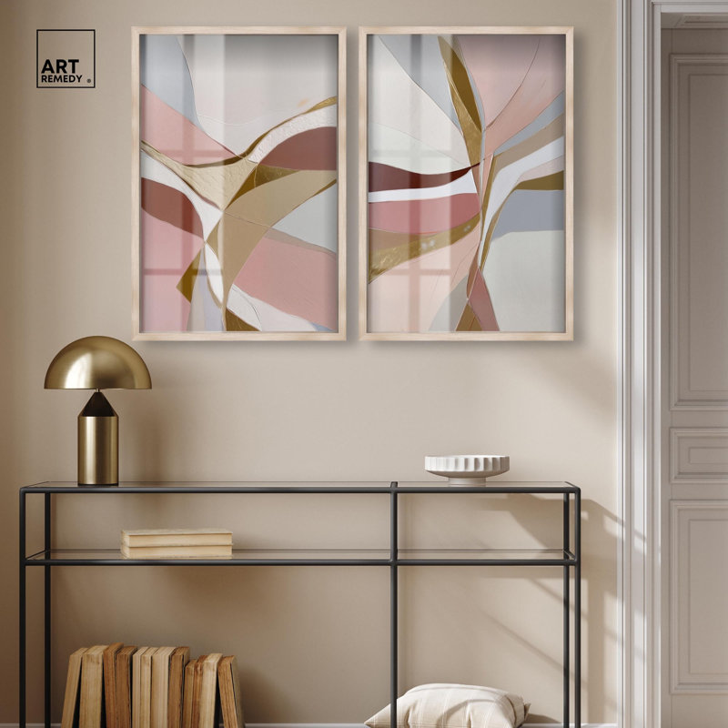 Ensemble d'art abstrait bohème « Gold Split Duo Shadowbox » par Art Remedy, cadre noir, 10 x 15, H 31 po x l 21 po