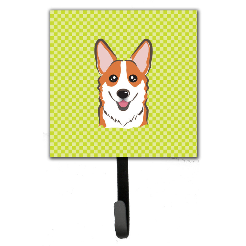 Porte-laisse à carreaux et crochet mural Corgi, Vert / brun clair / orange