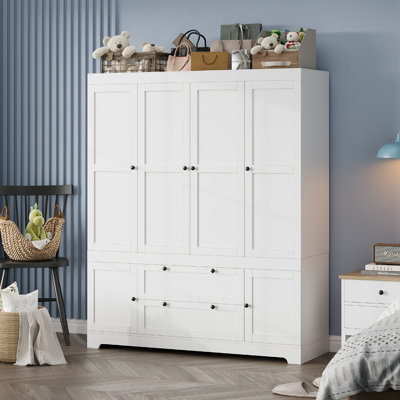 Modern Freestanding Wardrobe Armoire With Hanging Rods, Shelves & Drawers