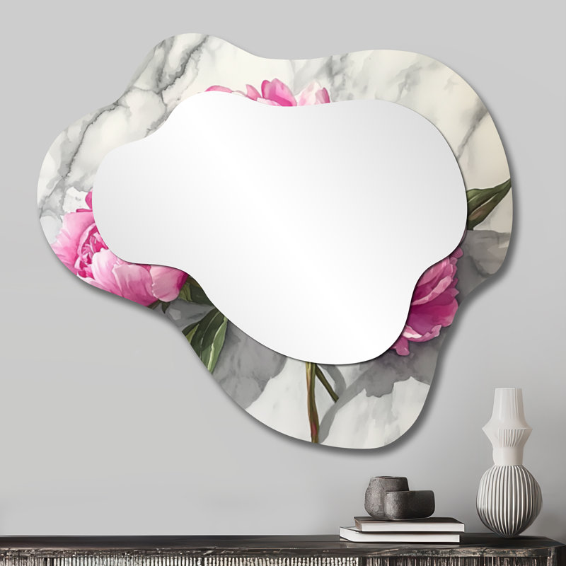 Pink Peonies On Marble Countertop - Peonies Asymmetrical Wall Mirror, Traditional Vanity Mirror, Printed on Metal, 25" x 28"