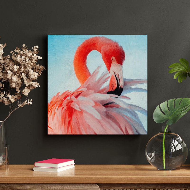 Flamant rose en gros plan, peinture sur toile tendue, L 32 po x H 32 po