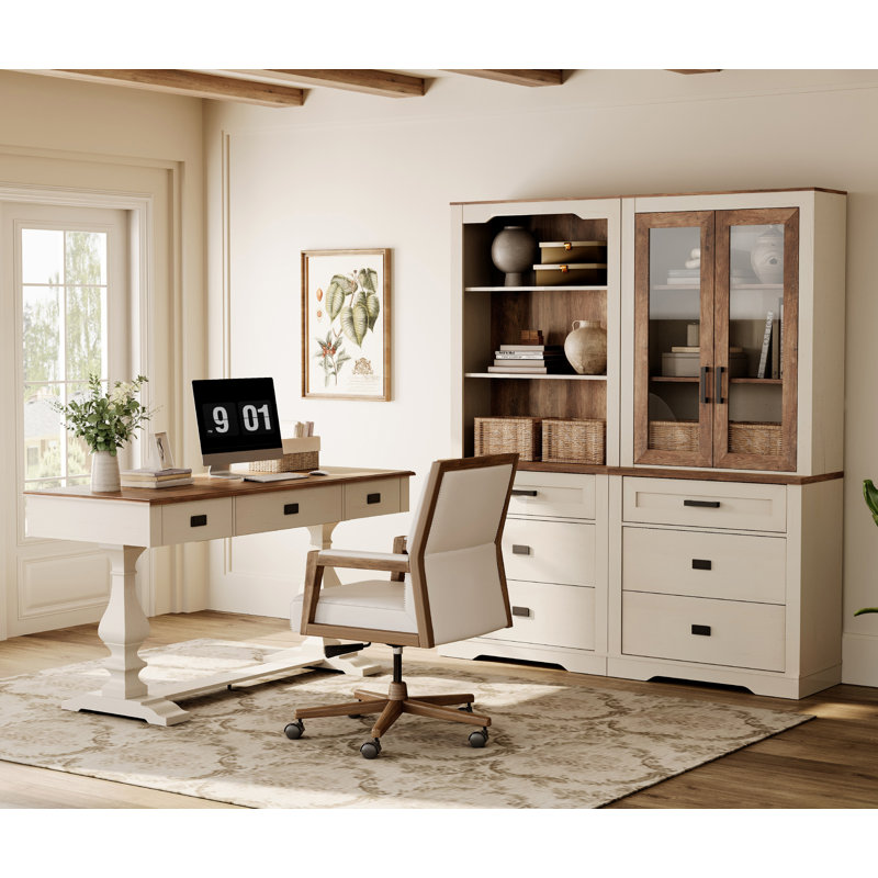 Ensemble de bureau à domicile, bureau de direction 59,1 "avec Power Hub et étagère ouverte 73,3" et porte en verre avec 2 tiroirs, 2 pièces, chêne blanc