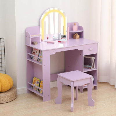 Kids Vanity Set with Lighted Mirror and Stool, 2-in-1 Makeup Table with Drawer, for Ages 3–9