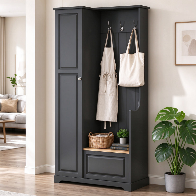 Meuble d'entrée avec banc rabattable, meuble à chaussures minimaliste avec étagères réglables et crochets de suspension, pour entrée ou vestiaire, noir