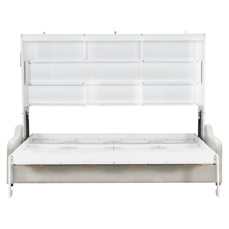 Grand lit escamotable avec canapé, tablettes de rangement et lumière DEL - Lit mural peu encombrant pour petites pièces, beige