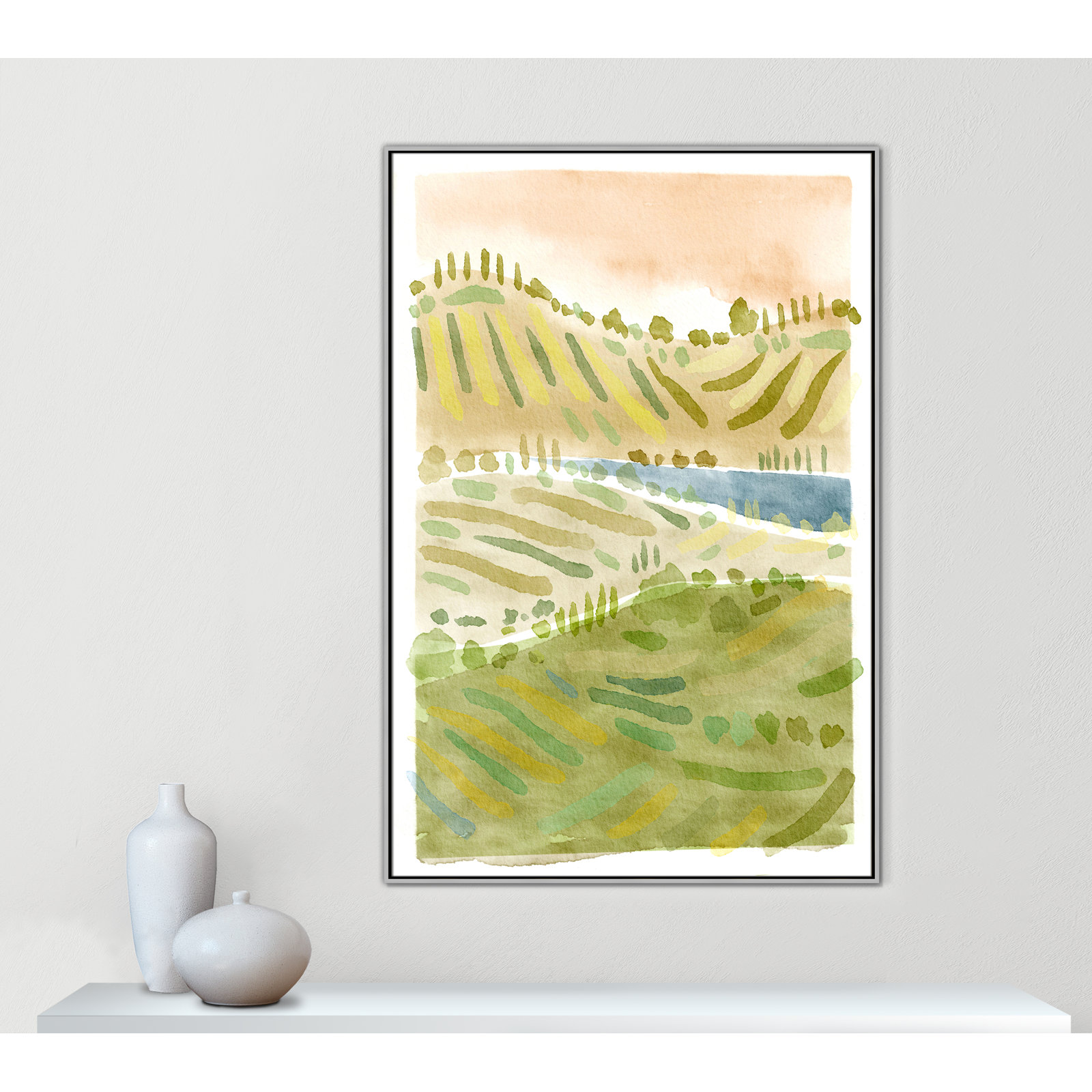 Tuscan Countryside Print, Silver Floater Framed Canvas, No Mat, 61.5" H x 41.5" W x 2" D