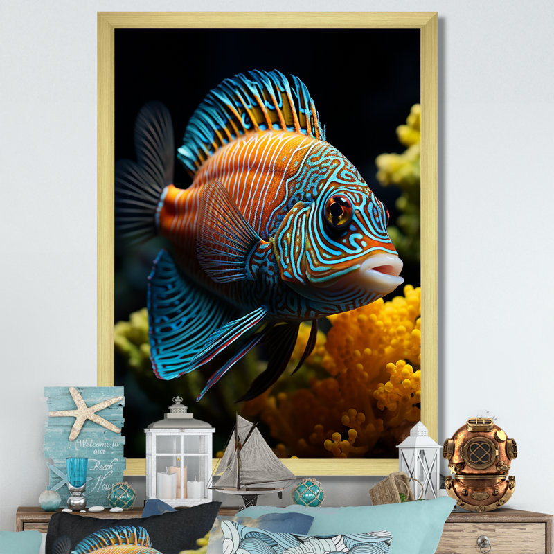 " Corals Butterflyfish Aquamarine Adventure ", 40" H x 30" W x 1.5" D, Gold Single Picture Framed