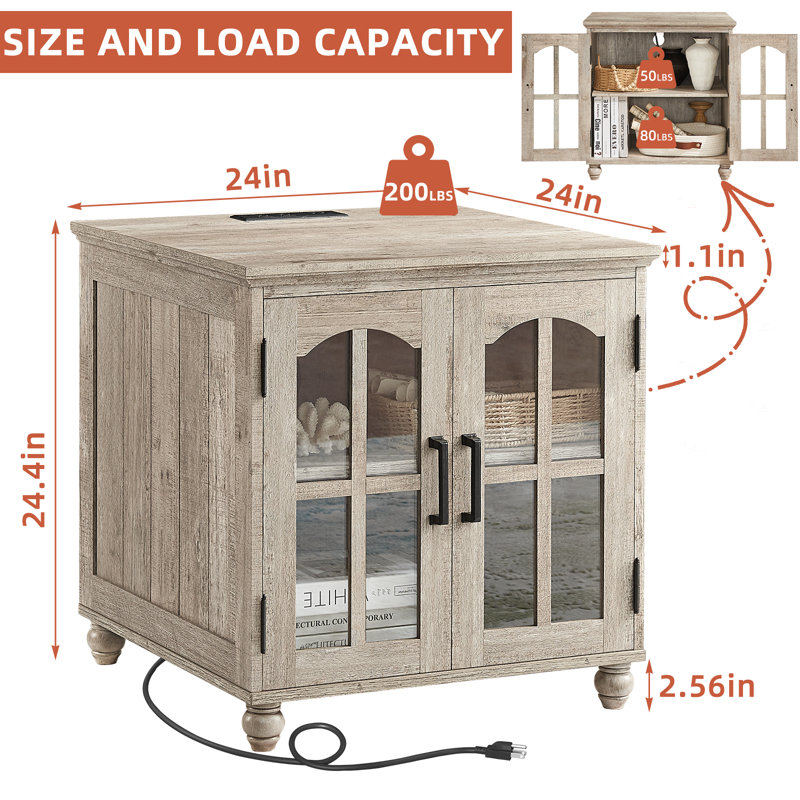Farmhouse End Table with Charging Station,24" Large Sofa Side Table with Glass Barn Door,Rustic Wood Night Stand with Adjustable Storage Shelf,Square Bedside Table for Living Room,Bedroom Office